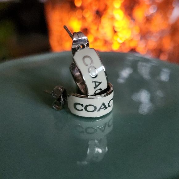 Coach White and Silver EST 1941 Logo Huggie Hoop Earrings - Picture 1 of 7